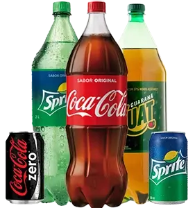 garrafas de 2l de coca, kuat e sprite ladeadas por 2 latas, de coca zero e de sprite