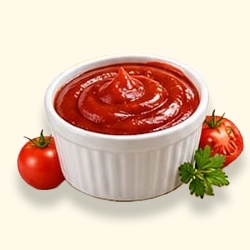 imagem com um pote com catchup, com tomatinhos ao lado e uma erva