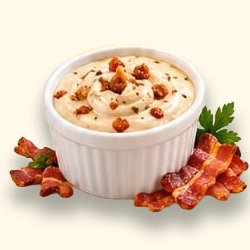 imagem com um pote com maionese com bacon, com fatias de bacon ao redor