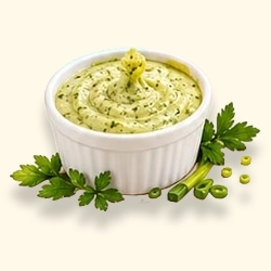 imagem com um pote com maionese com maionese verde, com ervas ao redor